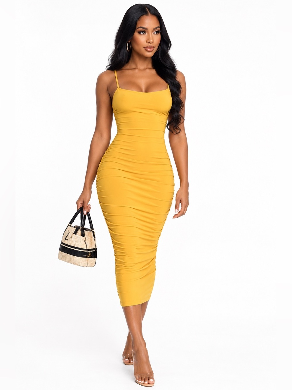GOLD RUCHED SPAGHETTI STRAP BODYCON MIDI DRESS SMALL